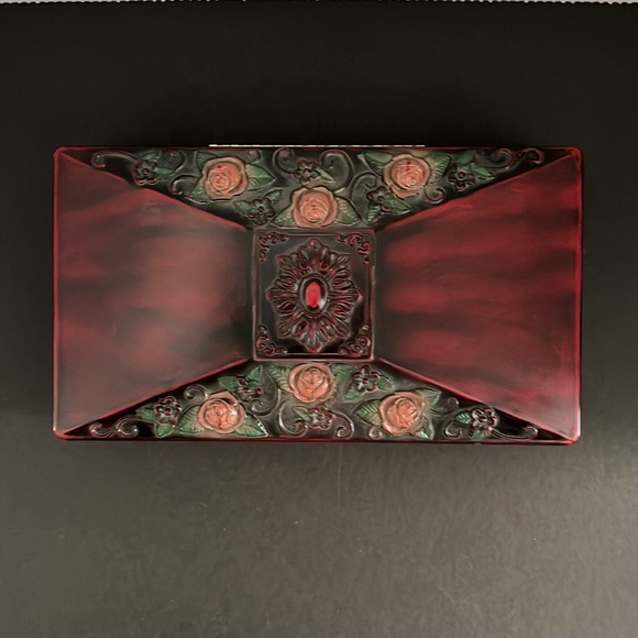 Vintage Wood Trinket, Jewelry Box w/Roses Hinged Lid Mahogany w/Green Lining - Picture 2 of 9